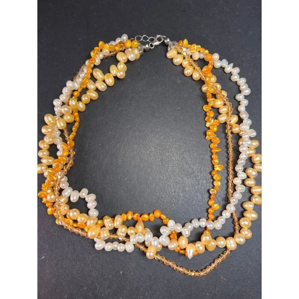 NEW yellow freshwater pearl multi strand necklace with sterling silver clasp